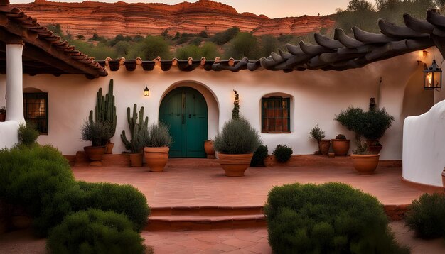 a house with a blue door and a potted plant in front of it