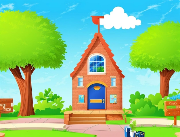 A house with a blue door and a tree on the front