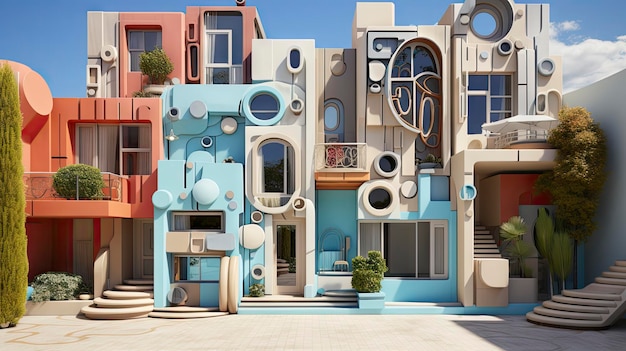 a house with a blue facade and a house with a balcony that says " house ".