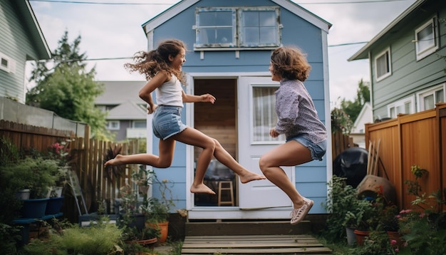 Photo a house with a blue house that has a girl jumping off the stairs