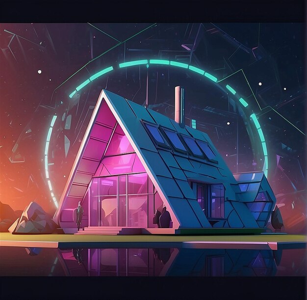 a house with a blue and pink roof is shown with a space ship in the center