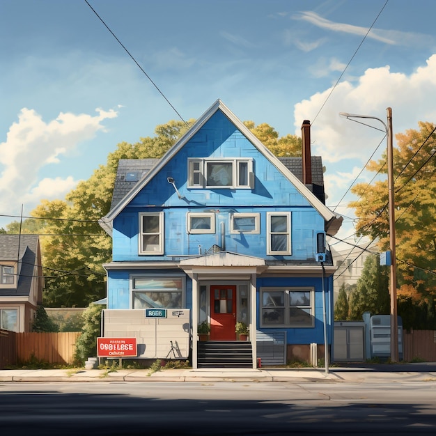 a house with a blue roof and a sign