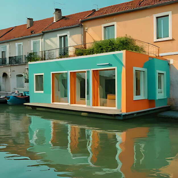 a house with a boat in the water and a boat in the water