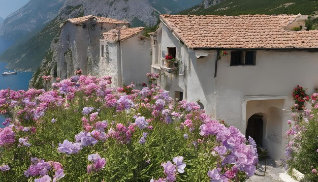 a house with a brown roof and a white building with a red roof