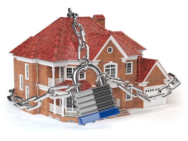 House with chain and padlock Home security concept 3d illustration