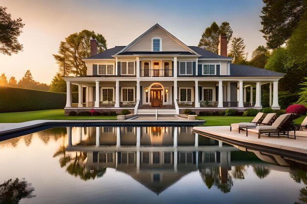 Photo a house with a dock and a lake in the background