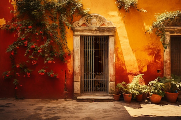 A house with a door and flowers on the wall