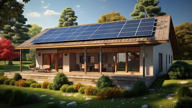 A house with ecofriendly solar panels or alternative photovoltaic installations for electricity on the roof on a sunny day Generative AI