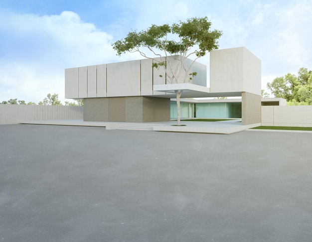 Дом с пустым бетонным полом для автостоянки. 3D-рендеринг большого дерева в современном доме