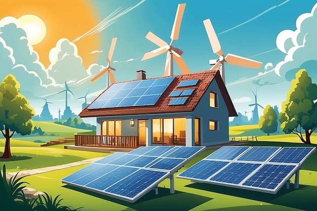 House with energy saving solar panels and windmills cartoon style