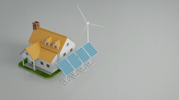 Photo house with energy saving solar panels and windmills isometric