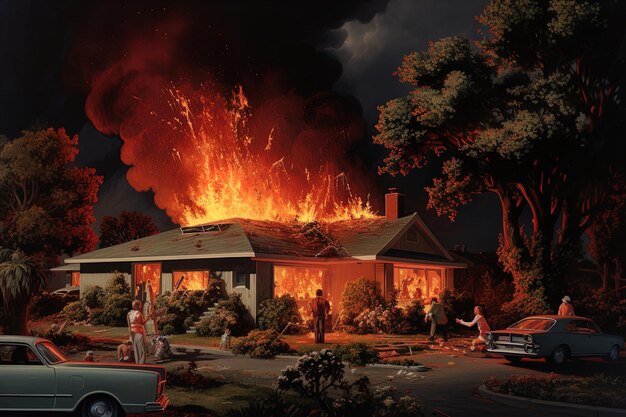 Foto una casa con un fuoco sullo sfondo e un fuoco nella parte anteriore