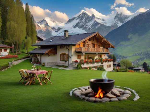 Photo a house with a fire pit and a fire place with a mountain in the background