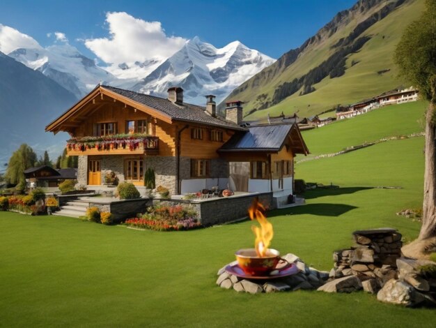 a house with a fire pit and mountains in the background