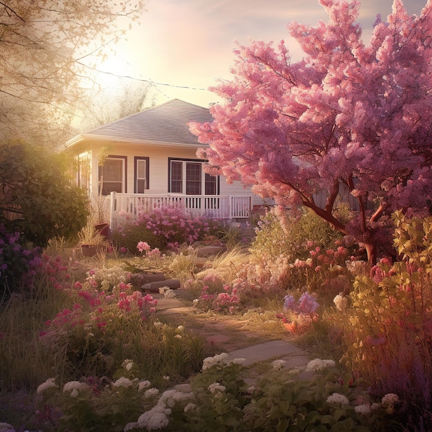 house with a flowering tree