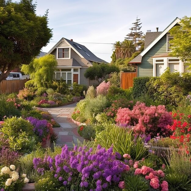 house with a flowering tree