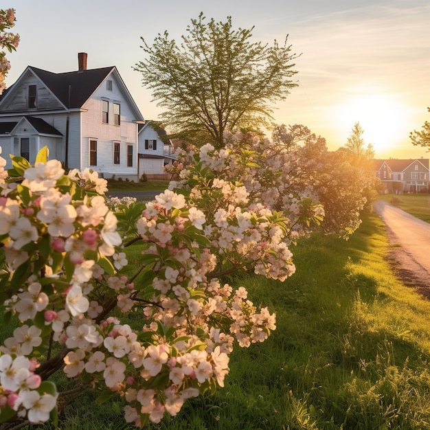 house with a flowering tree