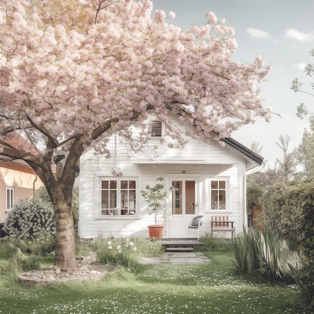 house with a flowering tree