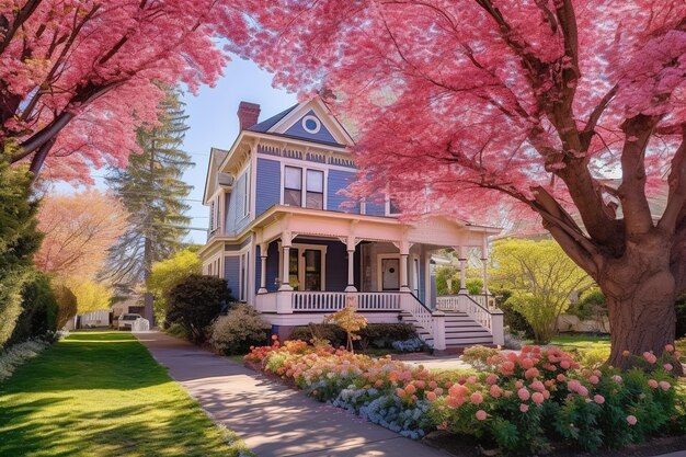 house with a flowering tree