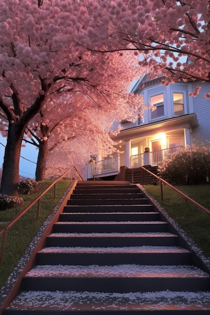 house with a flowering tree