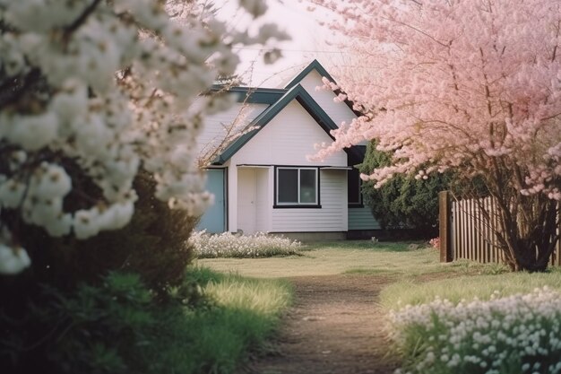 house with a flowering tree