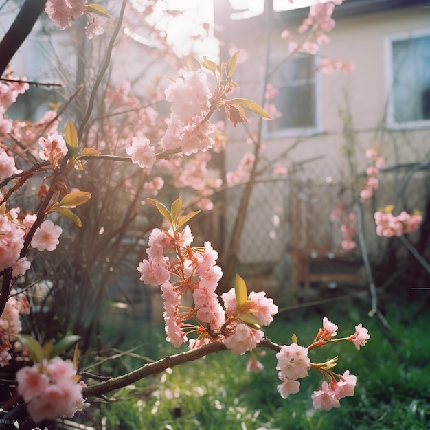 house with a flowering tree