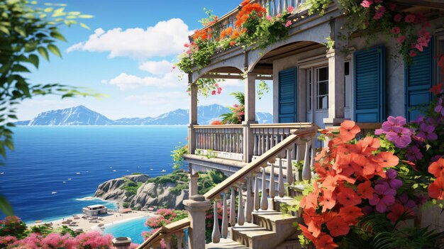 Foto una casa con fiori sul balcone e una bella vista