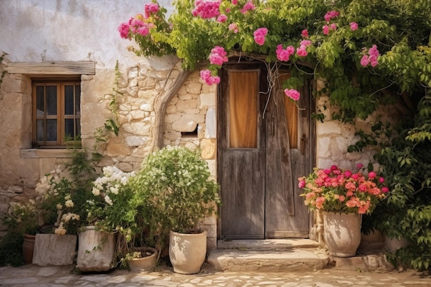 A house with flowers in front of it