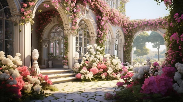 дом с цветами и сад с большим крыльцом.