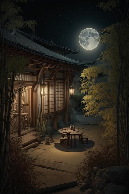 A house with a full moon in the background