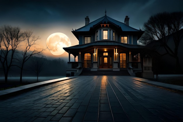 A house with a full moon in the background
