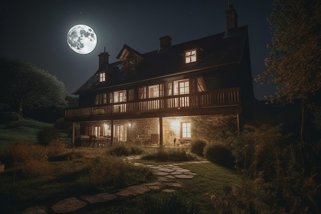 A house with a full moon in the background