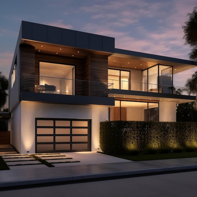 A house with a garage and a balcony on the side