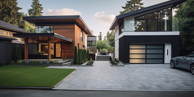 A house with a garage and a house on the left side