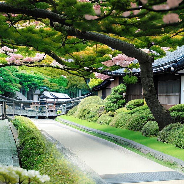 背景に庭があり、ピンクの花が咲く木がある家