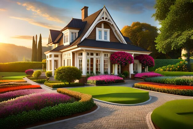 A house with a garden and flowers