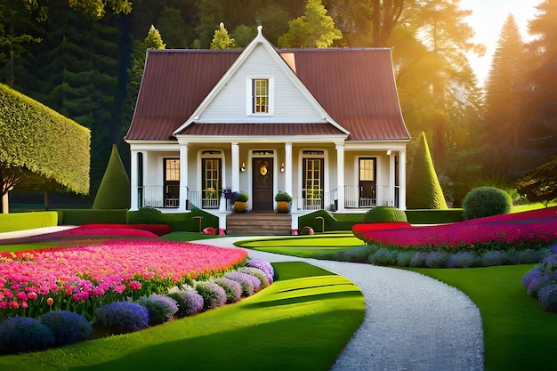 Premium Photo | A house with a garden path and flowers