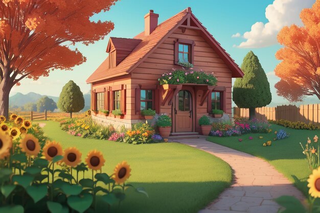 A house with a garden path and sunflowers on the front