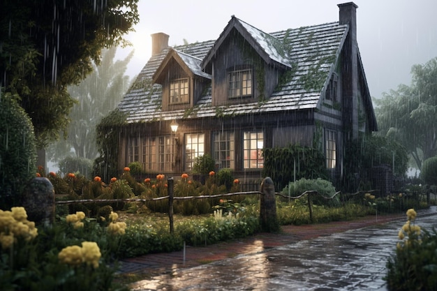 House with a garden in the rain Generative AI