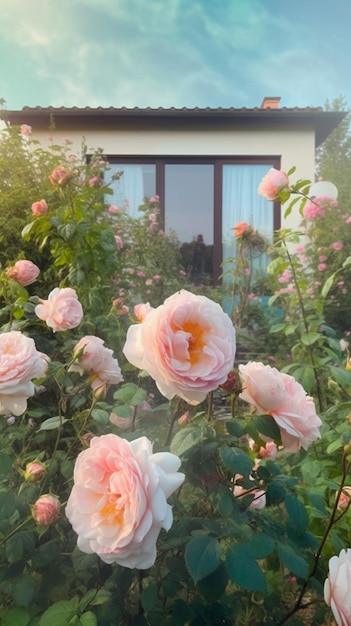 A house with a garden of roses