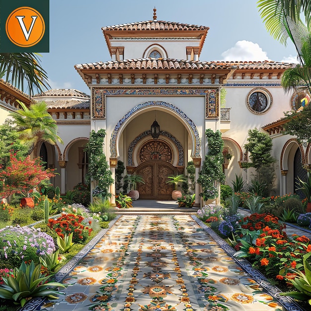 a house with a garden with a garden with flowers and a large house with a clock on the front