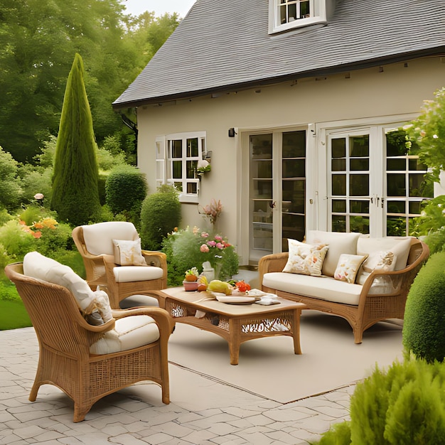 дом с садом с террасовым столом и стульями