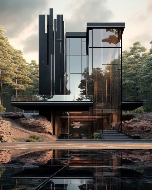 Photo a house with a glass facade that says  the house