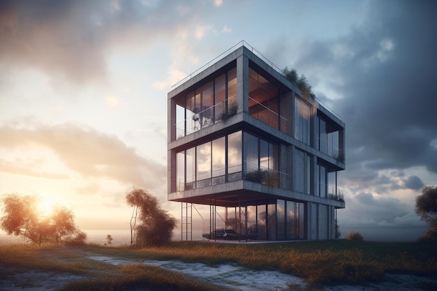 A house with a glass roof and a sky background