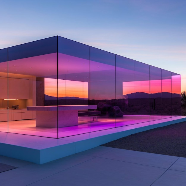 A house with a glass wall and a table with a purple light on the outside.