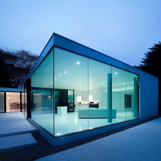 A house with a glass wall that says " the word " on the side.