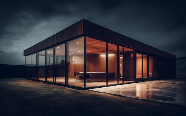 House with glass walls at night Modern house design