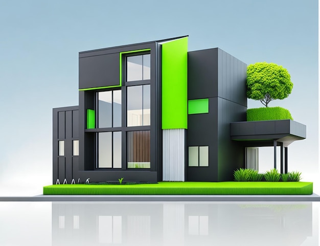 A house with green and black exterior and a tree on the ground.