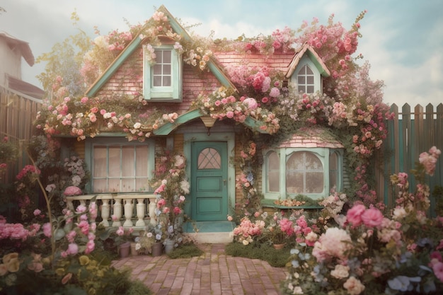 A house with a green door and a balcony with flowers on it.