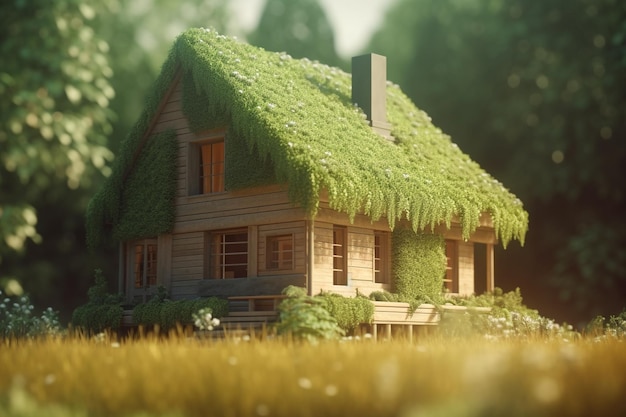 A house with a green roof covered in grass Generative AI